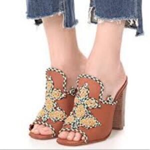 Tory Burch Palisade (flawed heel) embroidered mules nubuck leather w/rope trim